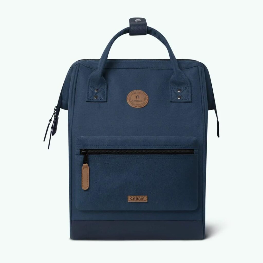 a blue bag with a brown handle